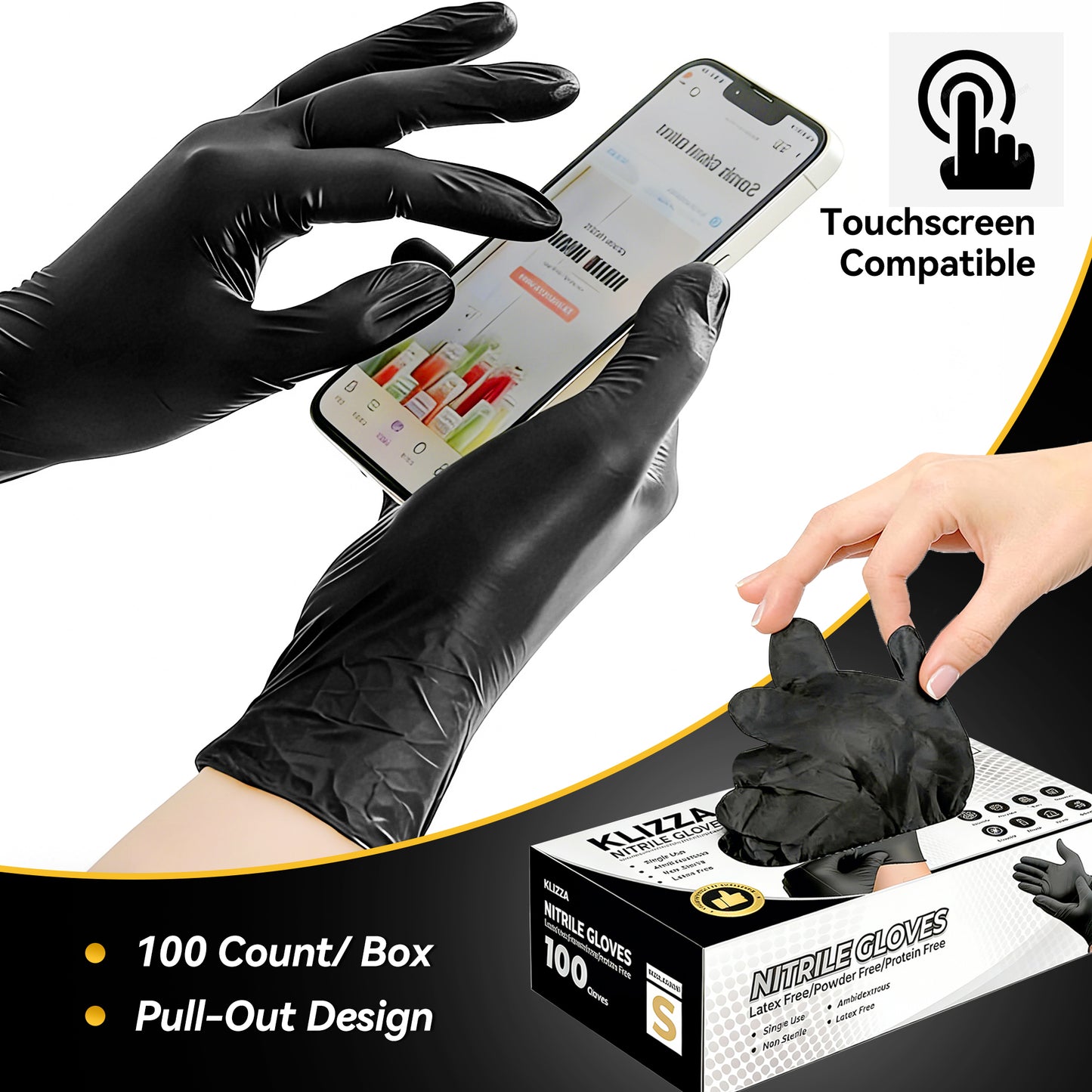 KLIZZA Black Disposable Nitrile Gloves for Food Automotive & Cleaning Use